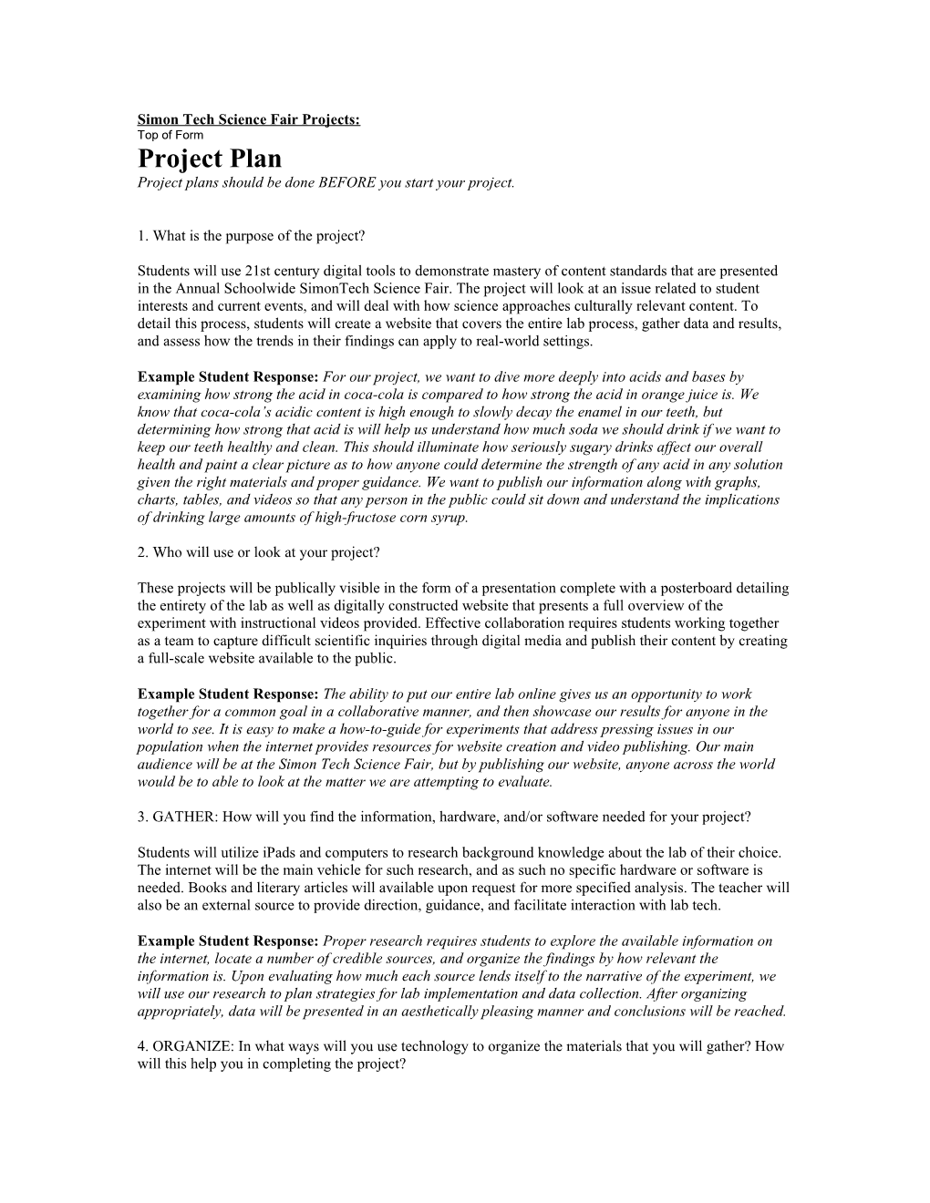 Simon Tech Science Fair Projects: Top of Form Project Plan Project Plans Should Be Done