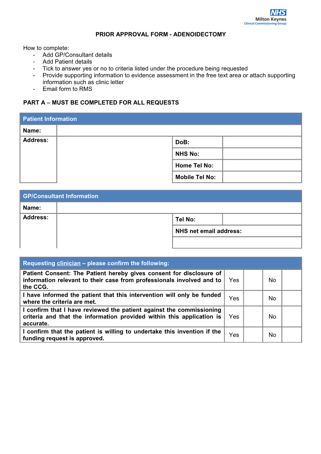 Prior Approval Form - Adenoidectomy