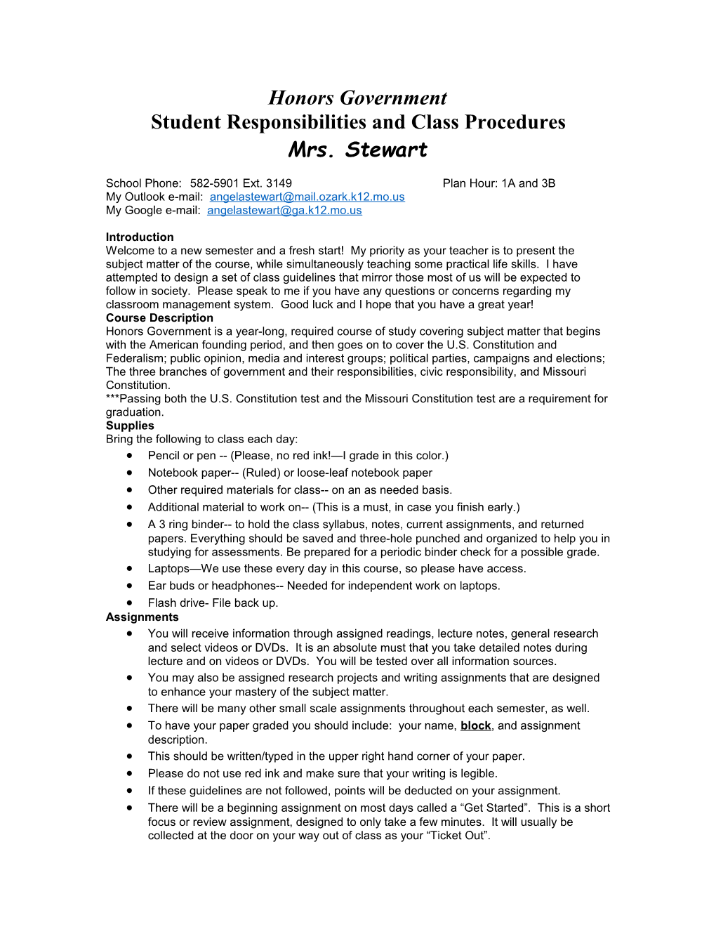 Student Responsibilities and Class Procedures