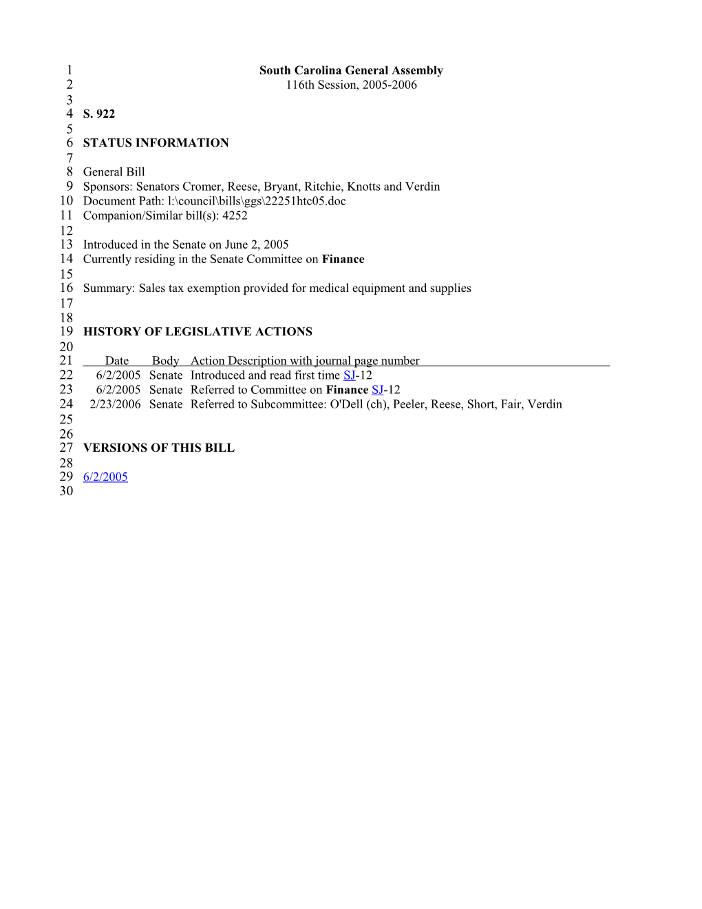 2005-2006 Bill 922: Sales Tax Exemption Provided for Medical Equipment and Supplies - South