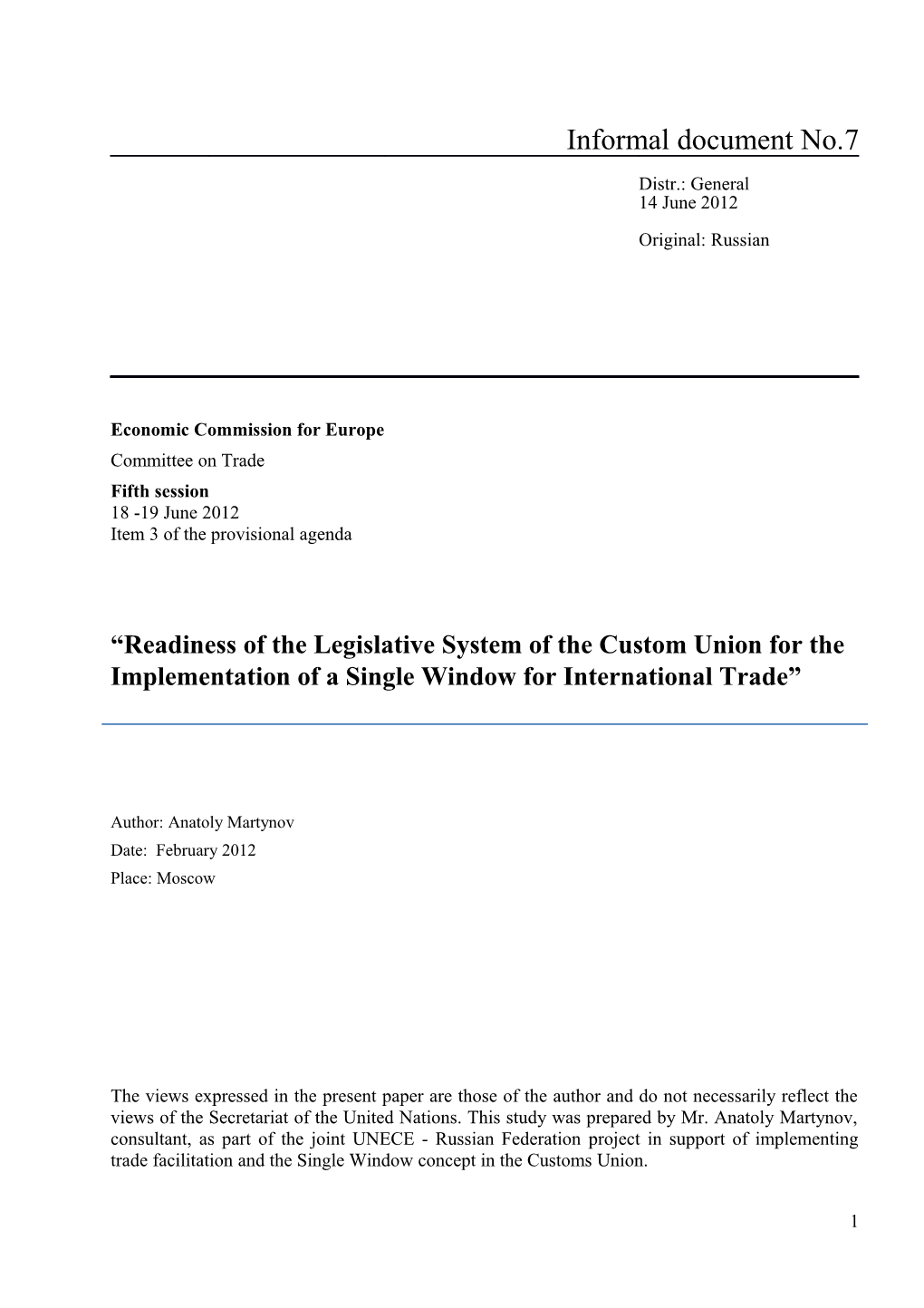 Structure and Organization of the Single Window Mechanism in the Customs Union