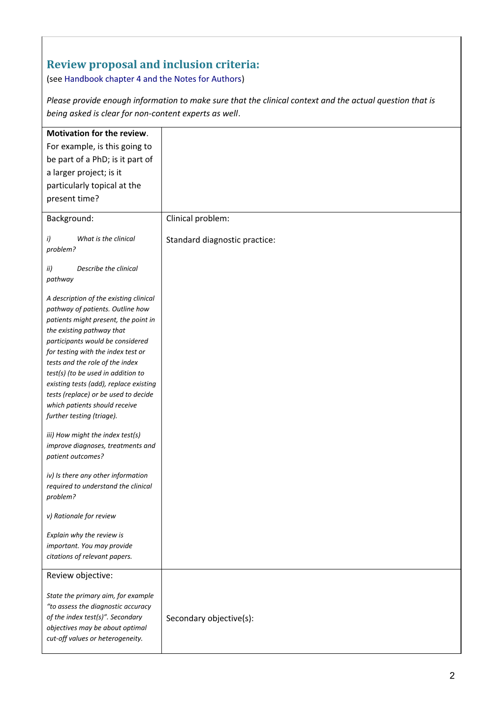 Diagnostic Test Accuracy Review Proposal Form