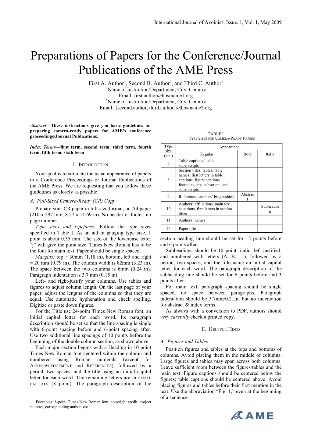 Preparations of Papers for the Conference/Journalpublications of the Amepress