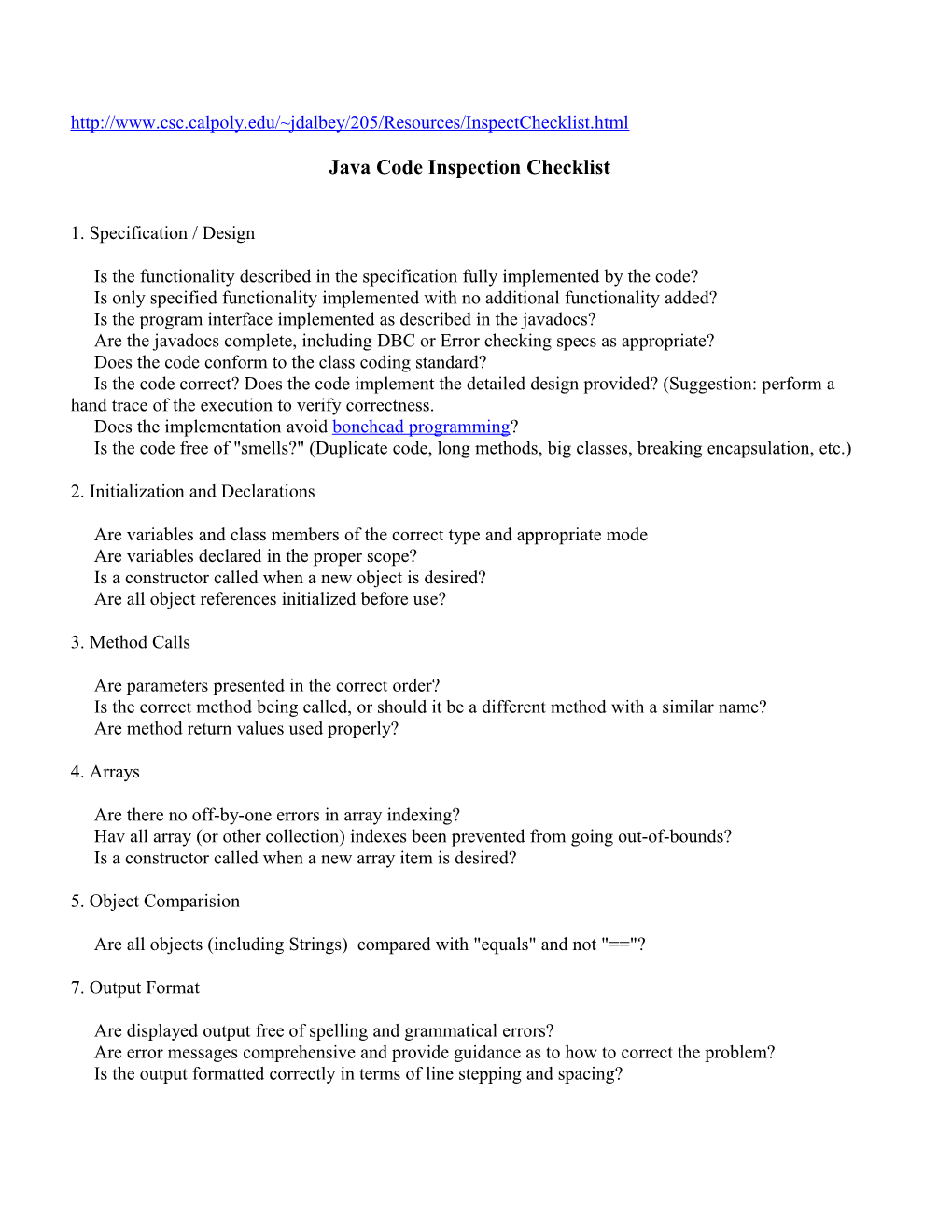 Java Code Inspection Checklist