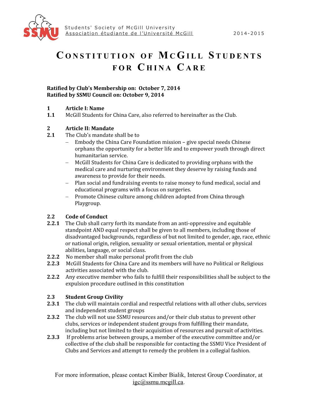 Constitution of Mcgill Students for China Care