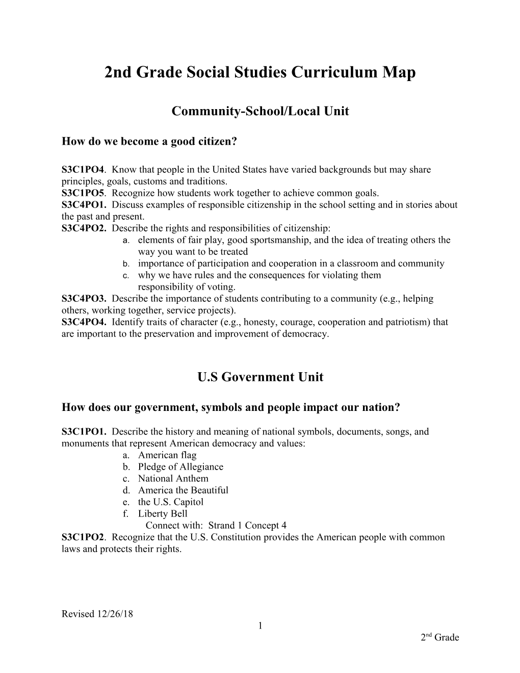 1St Grade Social Studies Curriculum Map