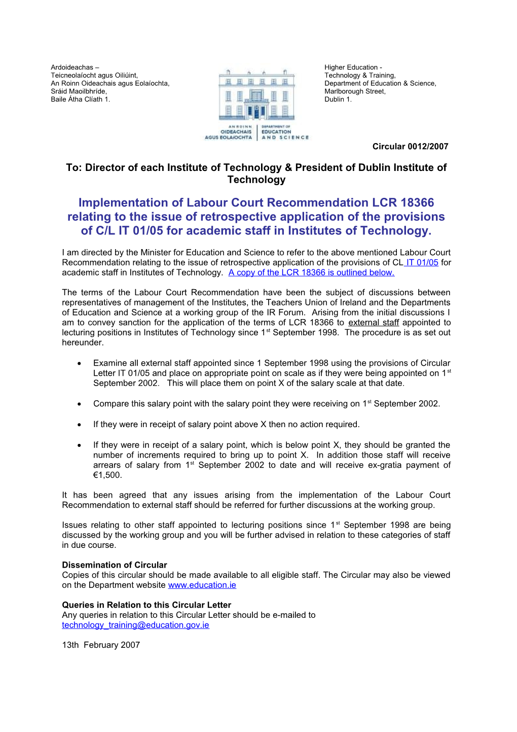 Circular 0012/2007 - Implementation of Labour Court Recommendation LCR 18366 Relating To