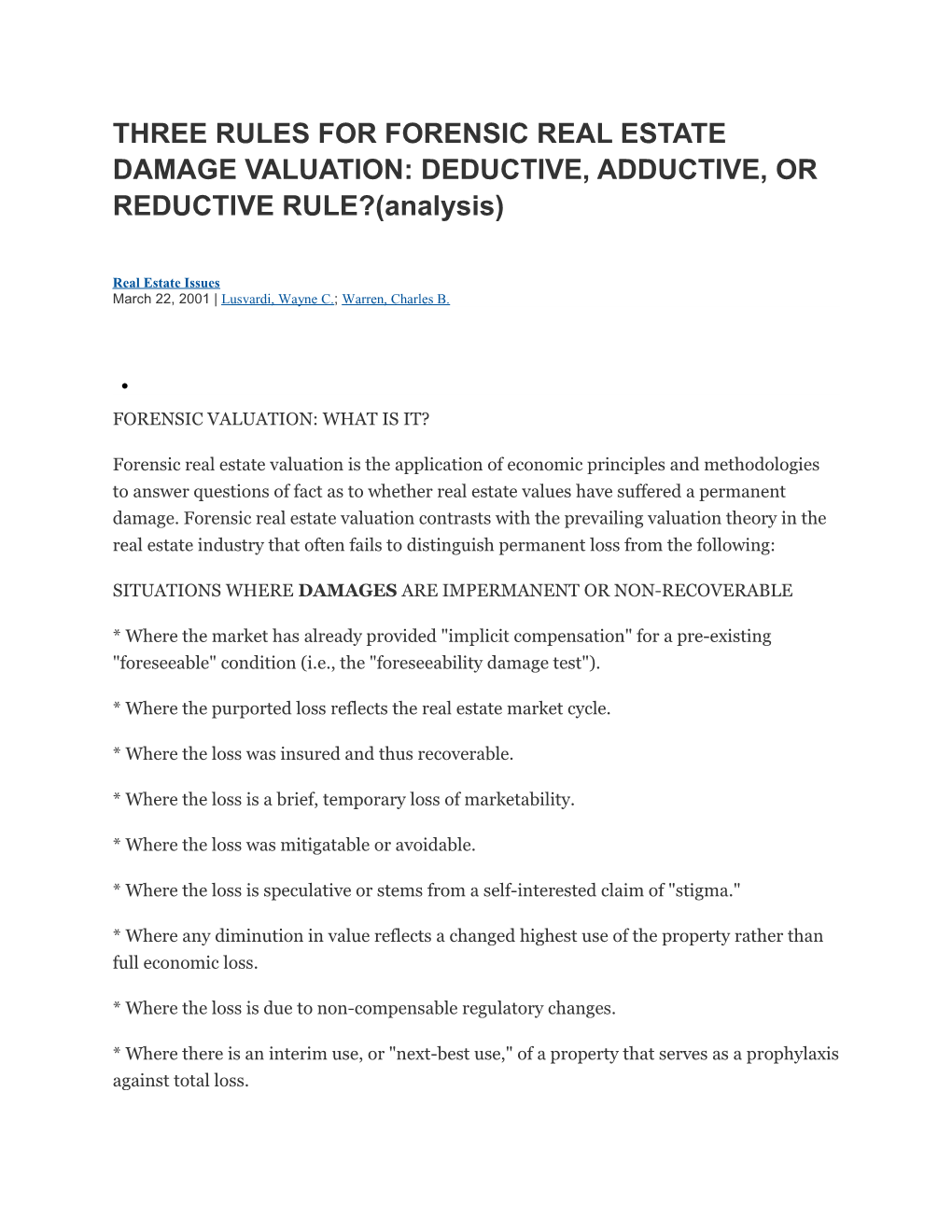 Three Rules for Forensic Real Estate Damage Valuation: Deductive, Adductive, Or Reductive