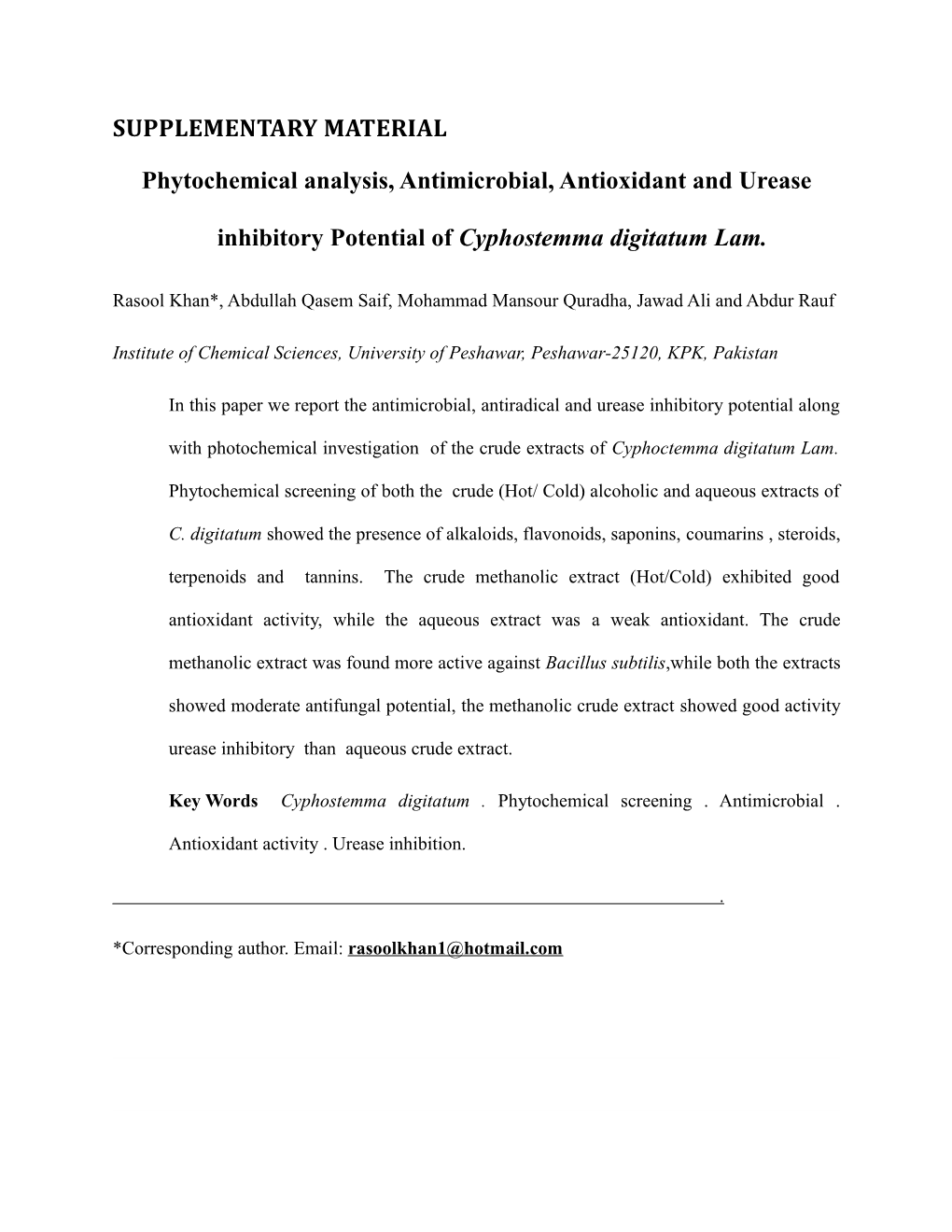 Phytochemical Analysis, Antimicrobial, Antioxidant and Urease Inhibitory Potential Of