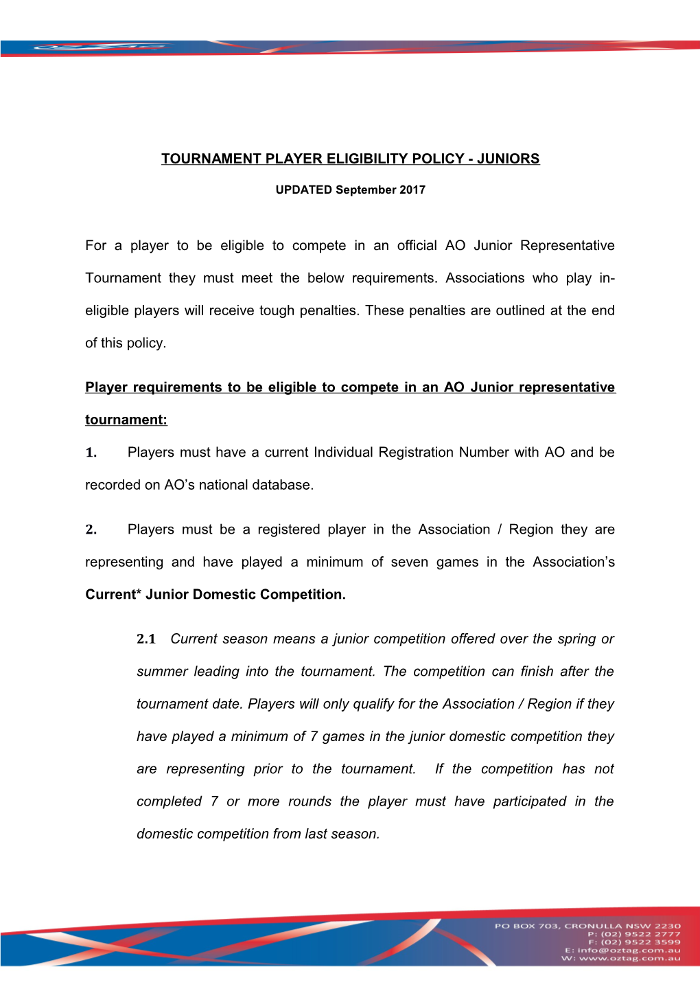Tournament Player Eligibility Policy - Juniors