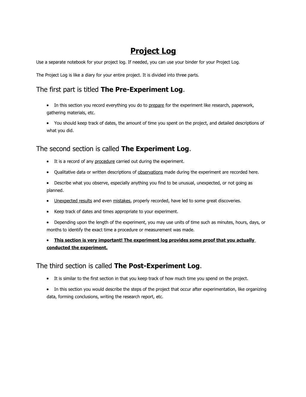 The First Part Is Titled the Pre-Experiment Log