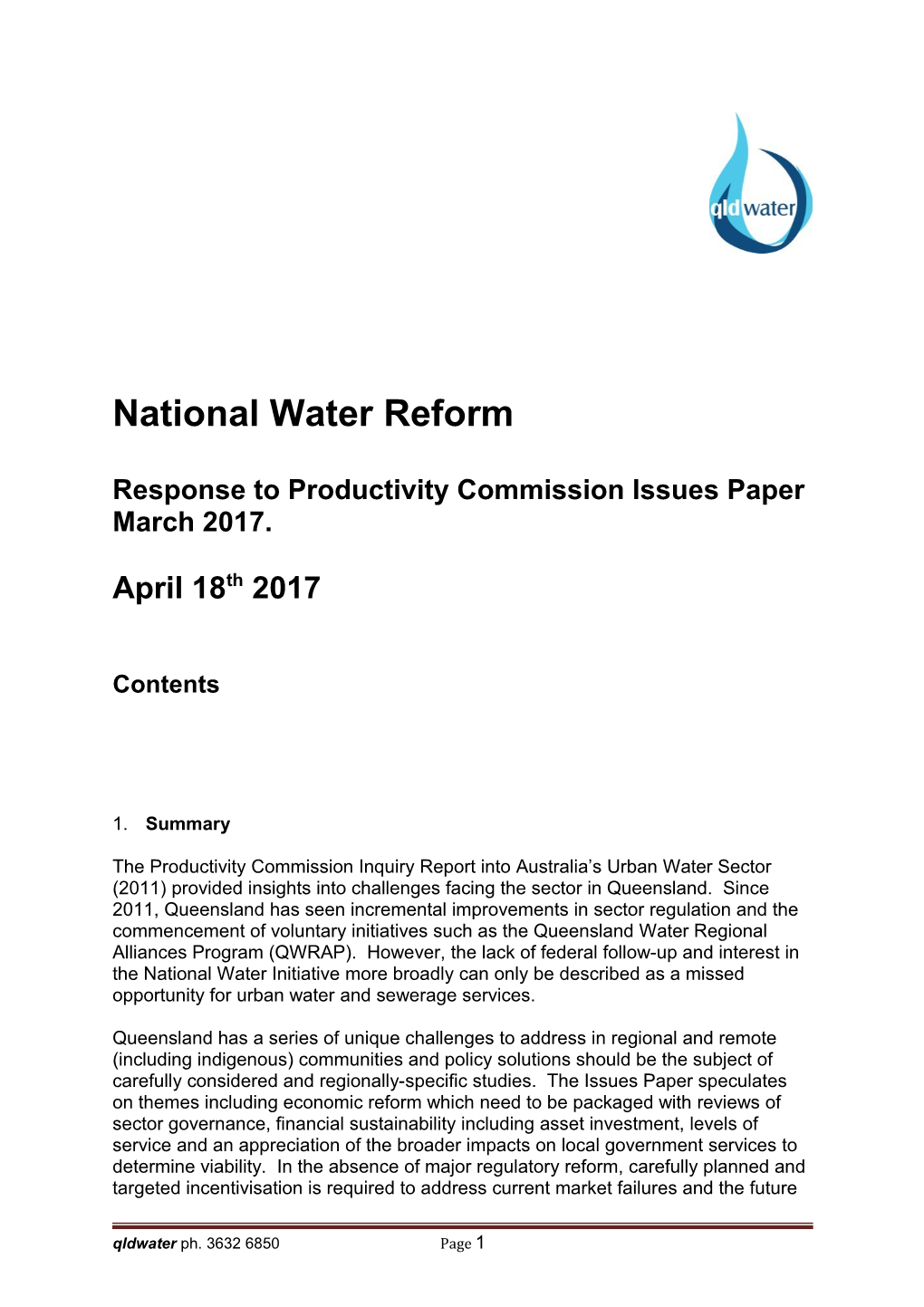 Submission 41 - Qldwater - National Water Reform - Public Inquiry