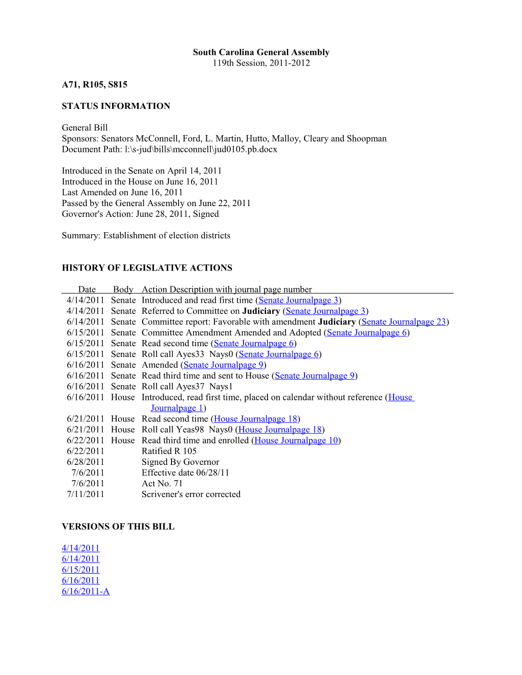 2011-2012 Bill 815: Establishment of Election Districts - South Carolina Legislature Online