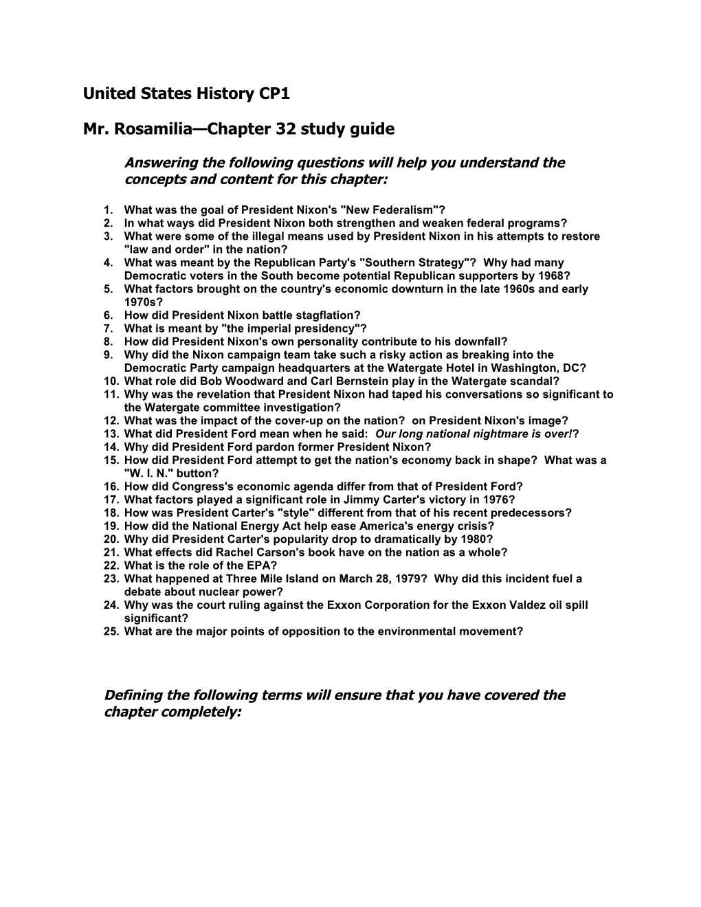 Mr. Rosamilia Chapter 32 Study Guide