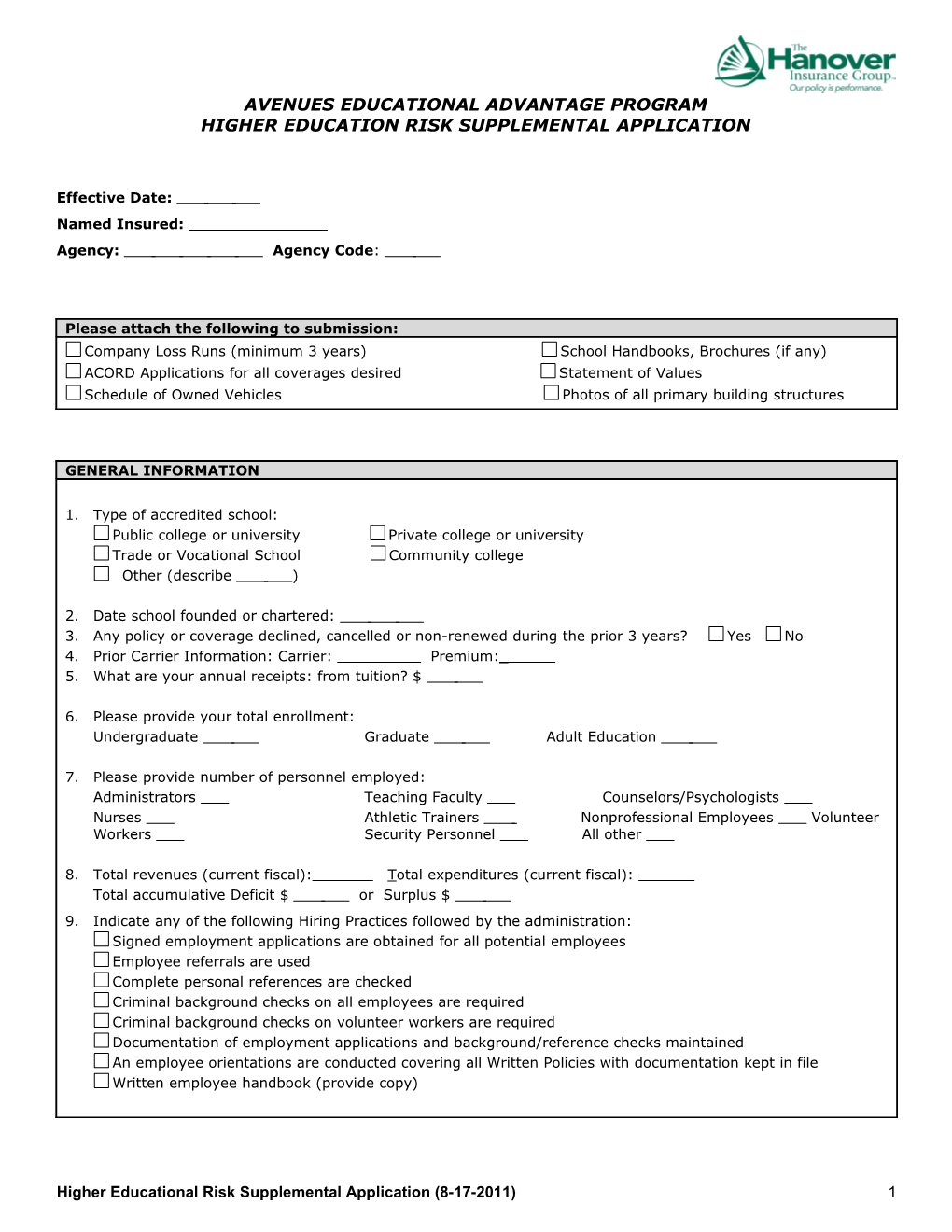 Hanover Higher Education Supplemental Application 08.17.2011