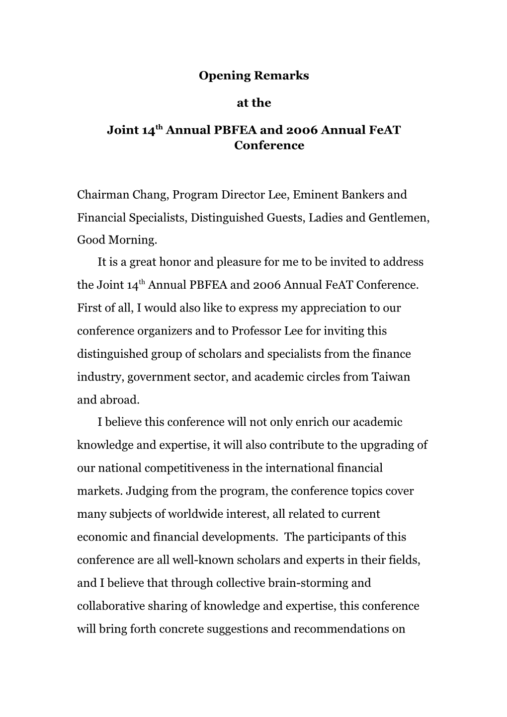 Joint 14Th Annual PBFEA and 2006 Annual Feat Conference