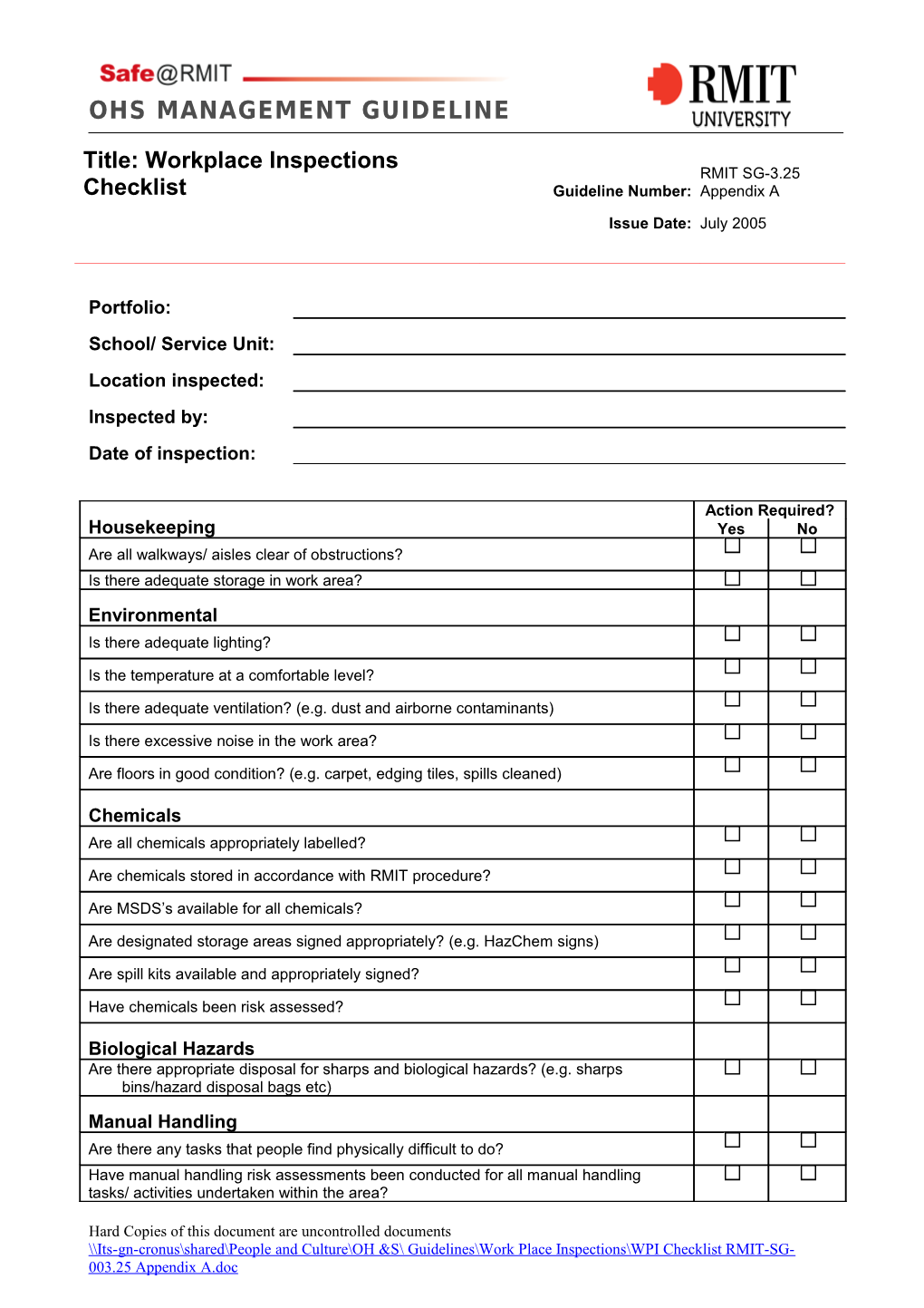 Workplace Inspection Checklist