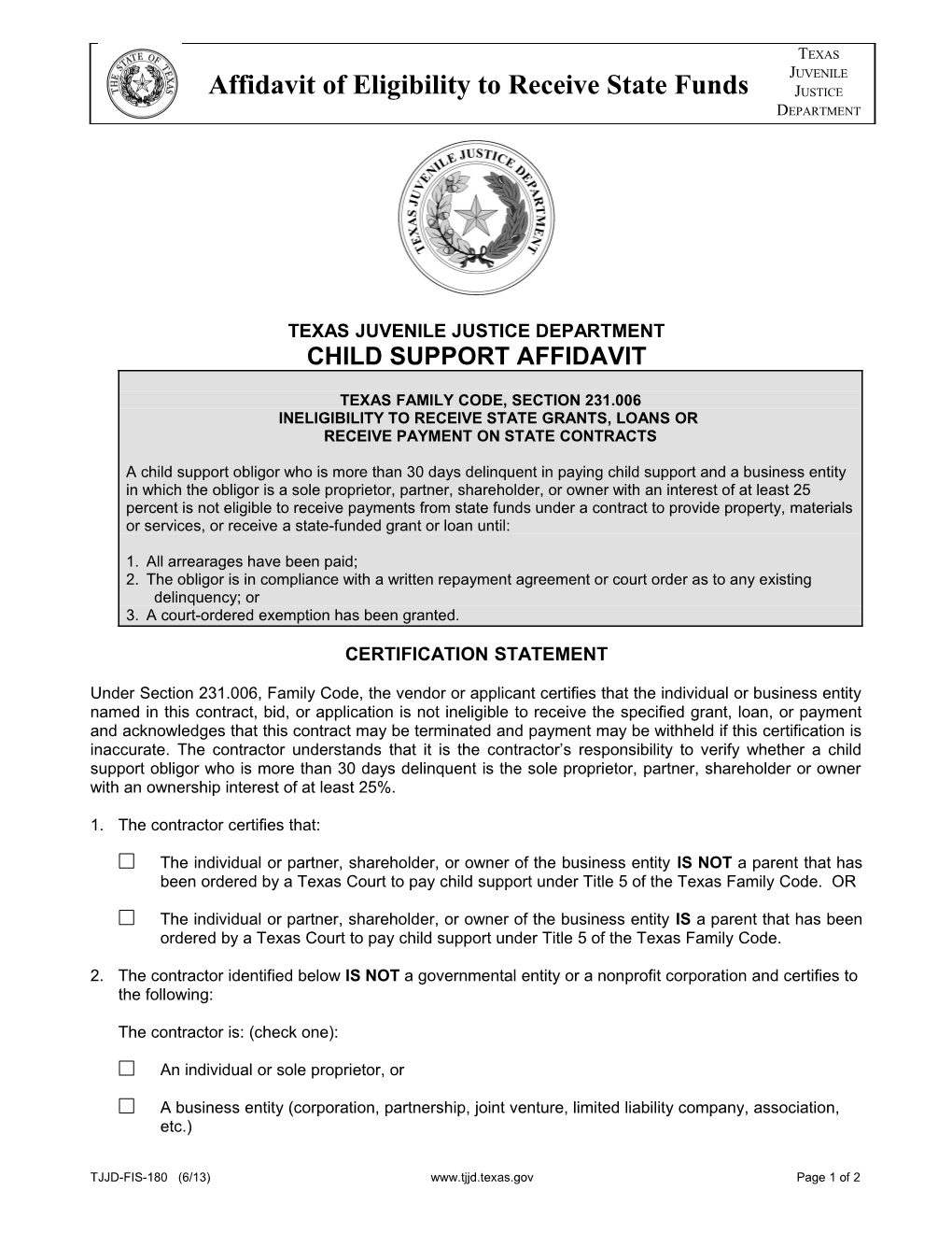 TJPC-FIS-60-04 Affidavit of Eligibility to Receive State Funds