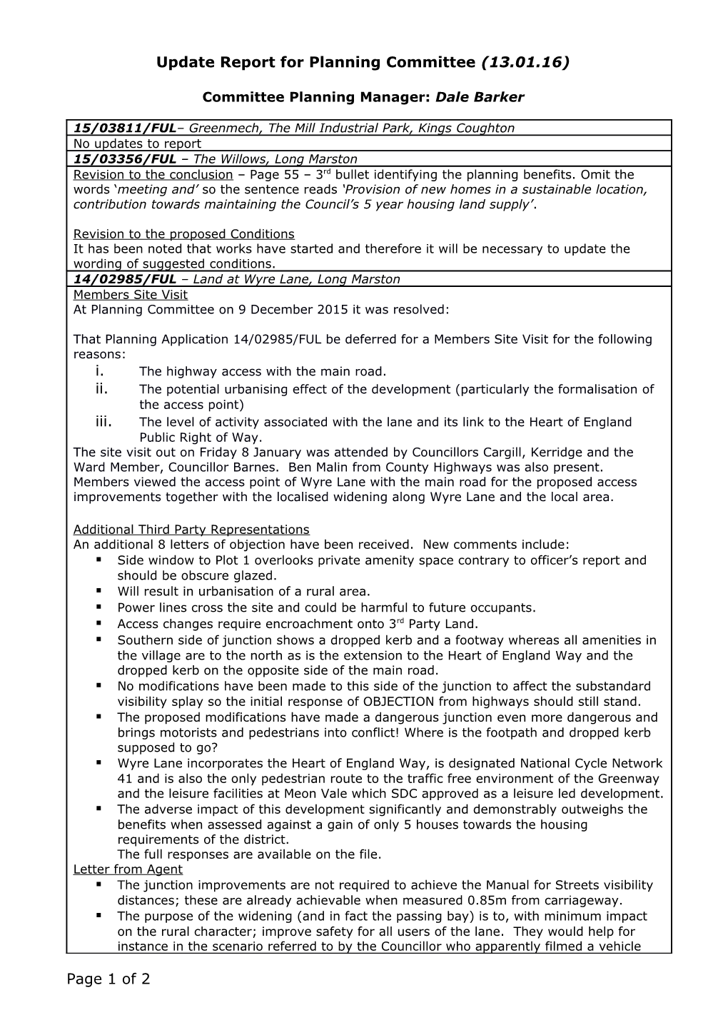 Update Report for Planning Committee (13.01.16)