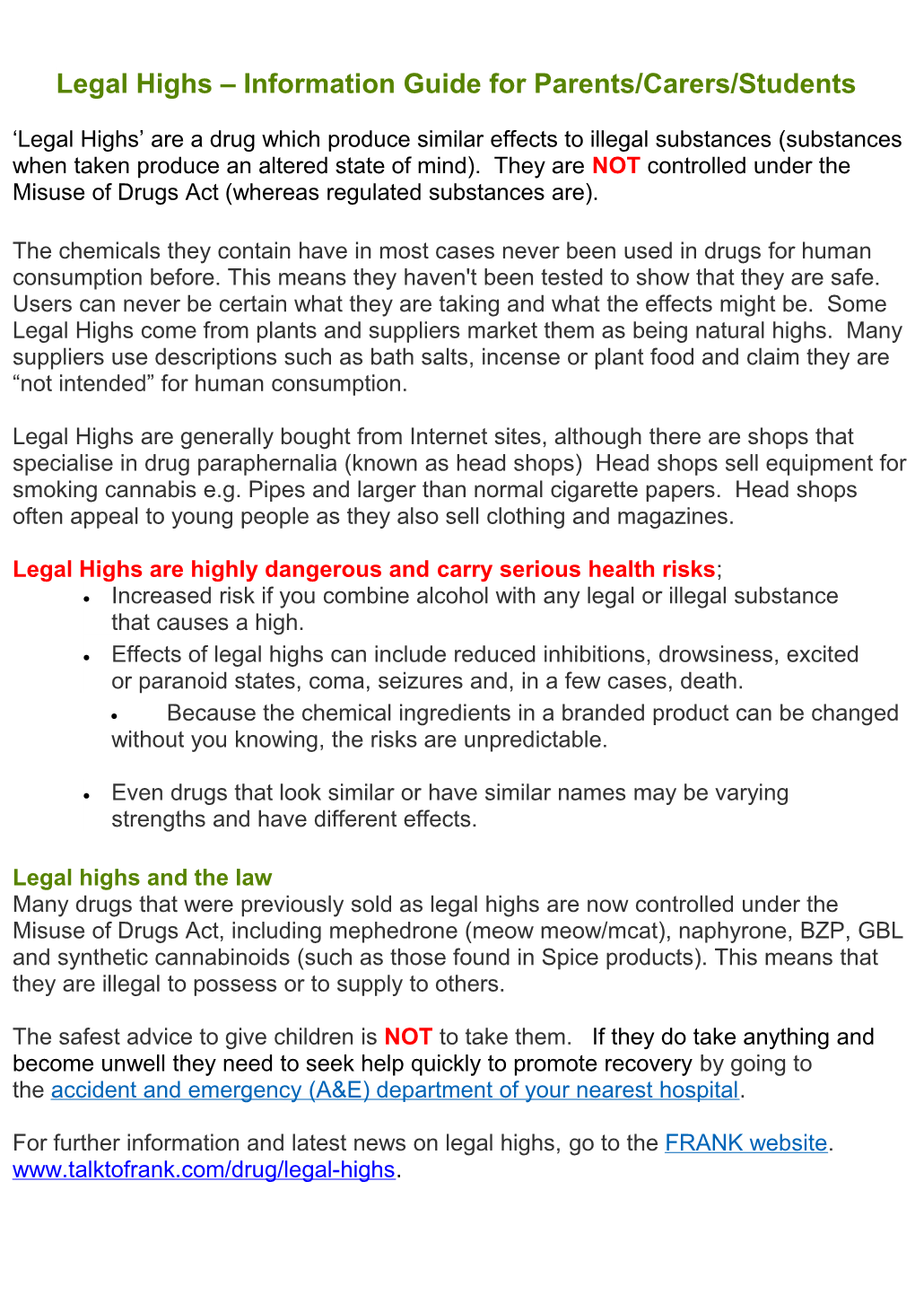 Legal Highs Information Guide for Parents/Carers/Students