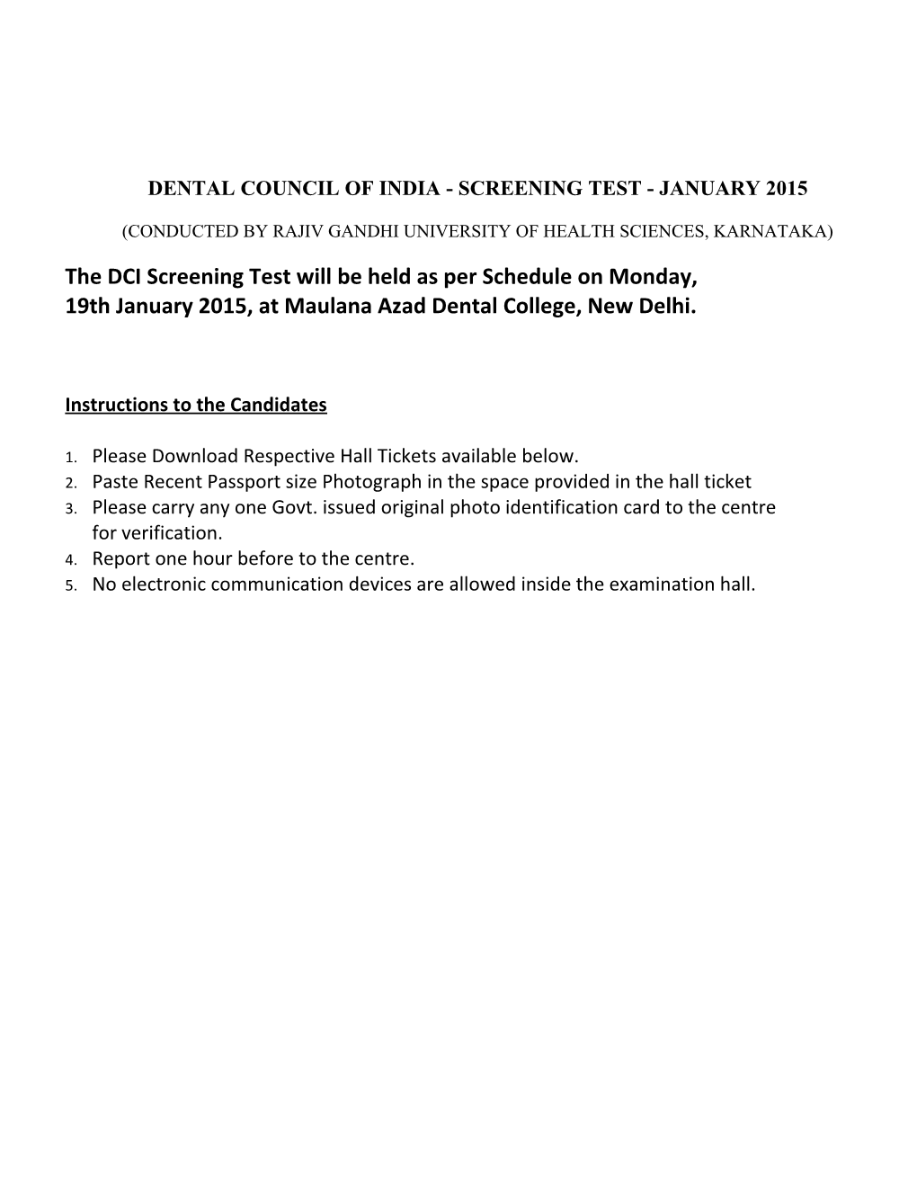 Dental Council of India - Screening Test - January 2015