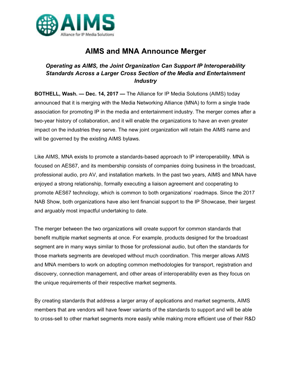AIMS and MNA Announce Merger