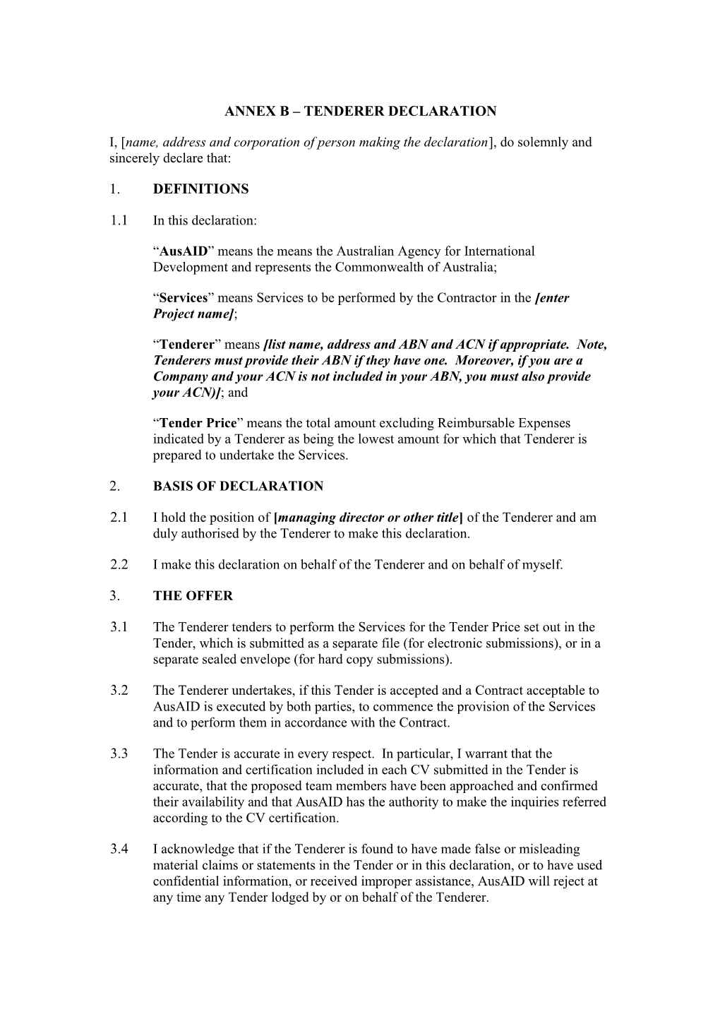 Annex B Tenderer Declaration