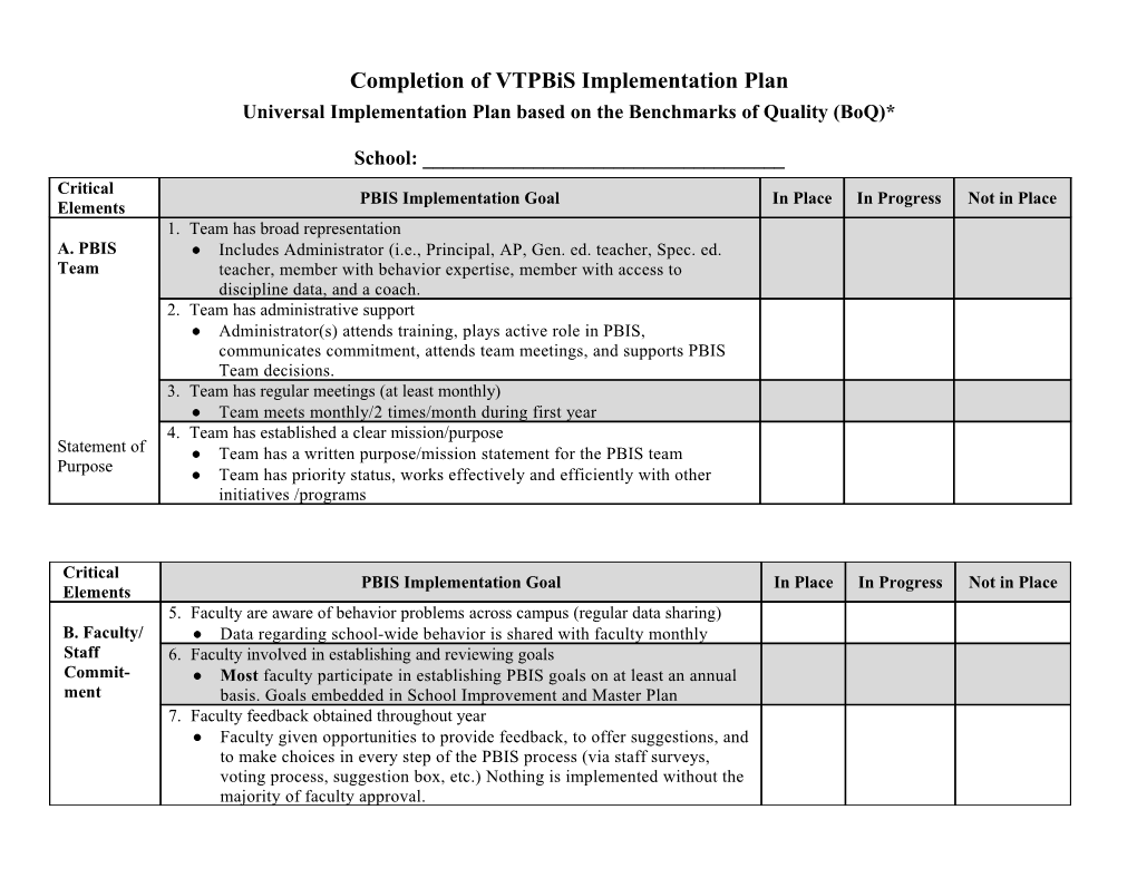 Completion of Vtpbis Implementation Plan