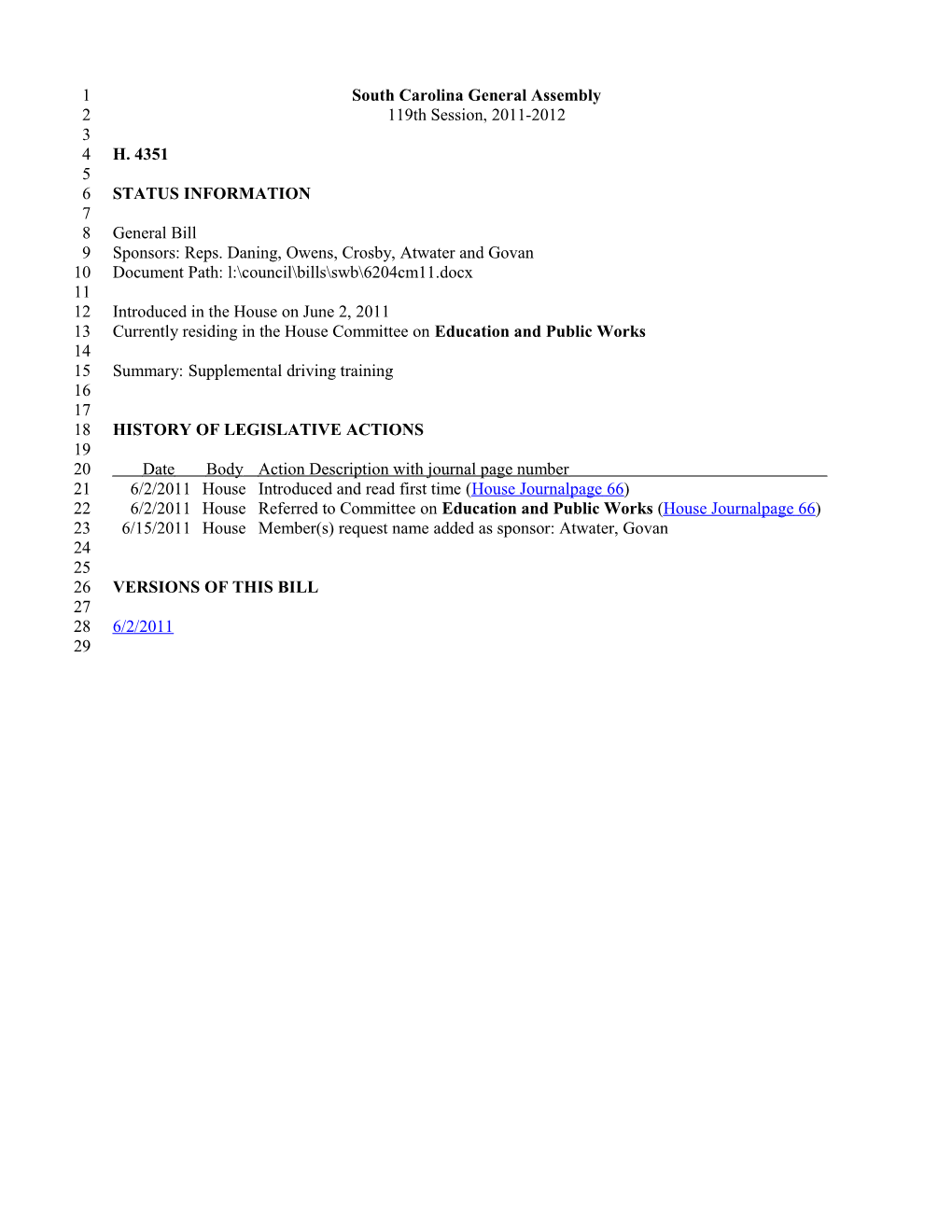 2011-2012 Bill 4351: Supplemental Driving Training - South Carolina Legislature Online