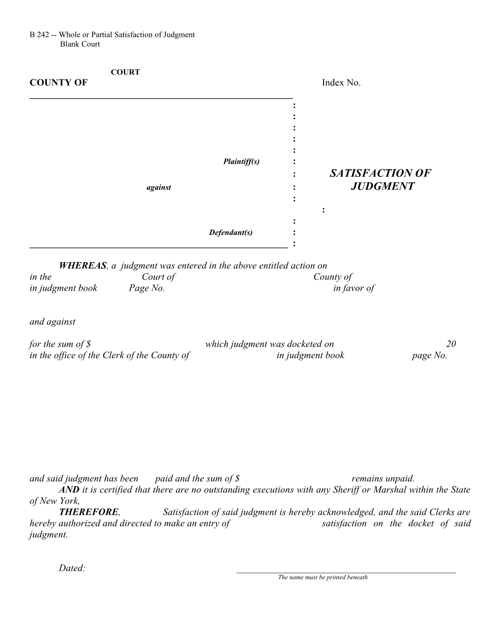 B 242 Whole Or Partial Satisfaction of Judgment