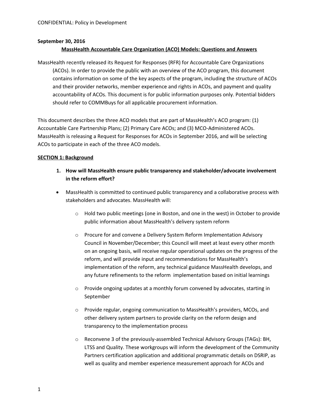 Masshealthaccountable Care Organization (ACO) Models: Questions and Answers