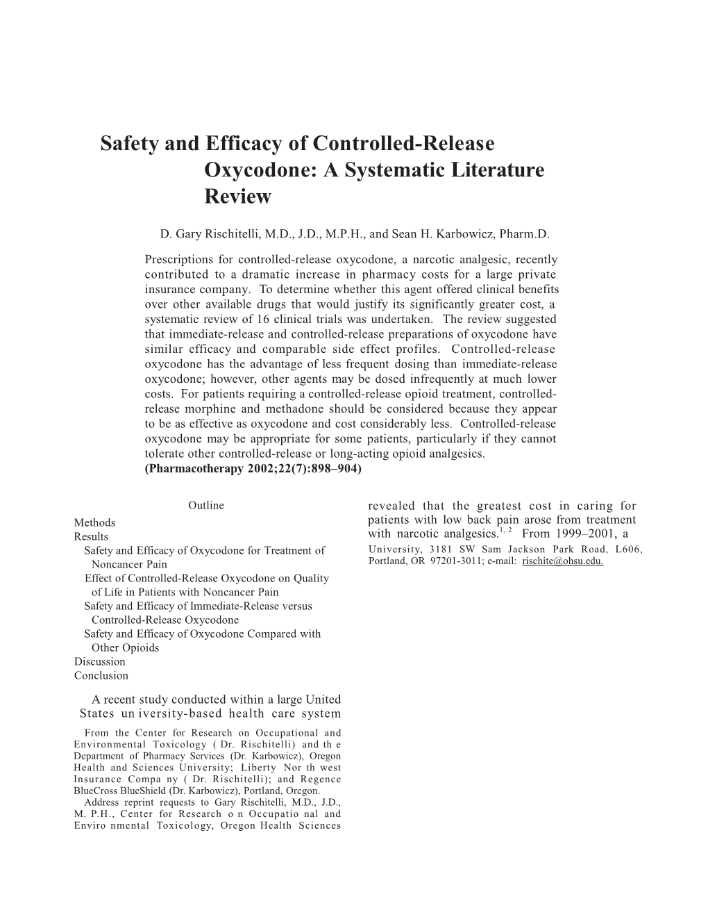 Safety and Efficacy of Controlledrelease Oxycodone: a Systematic Literature Review