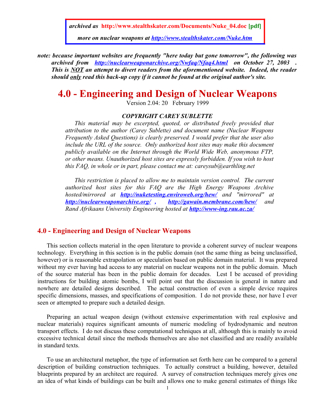 4.0 - Engineering and Design of Nuclear Weapons