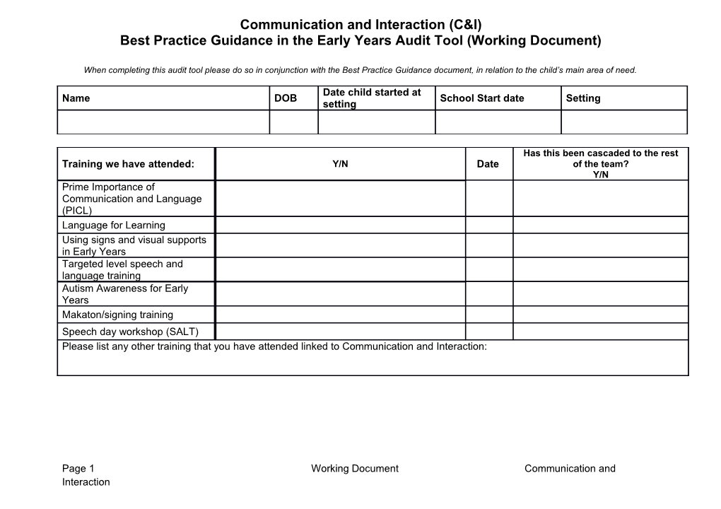 Best Practice Guidance in the Early Years Audit Tool (Working Document)