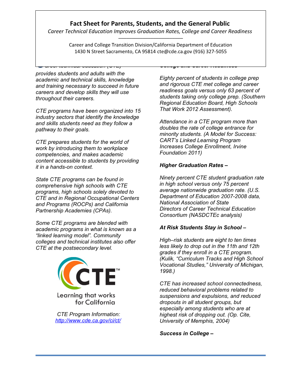 CTE Fact Sheet - Perkins (CA Dept of Education)