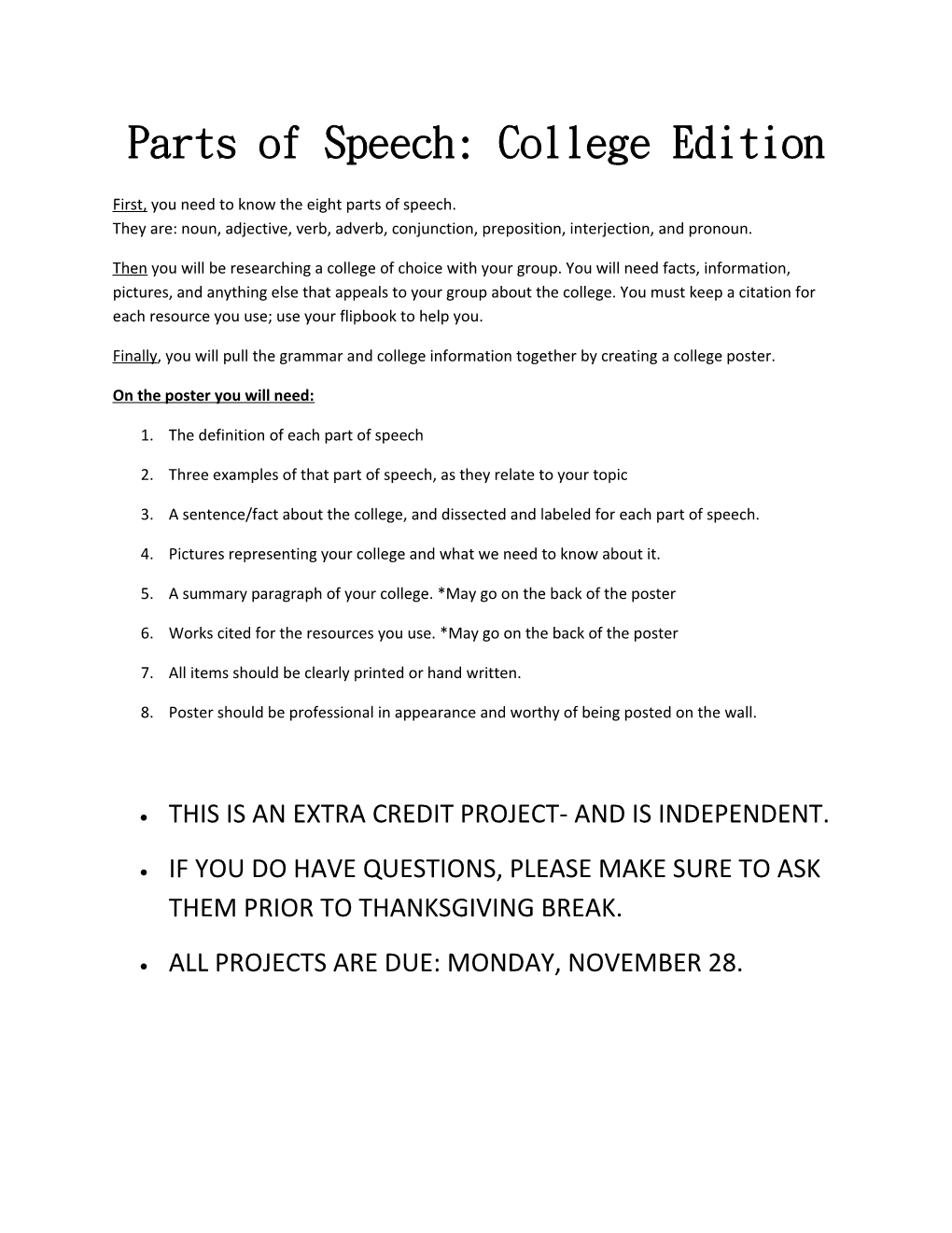 Parts of Speech: College Edition