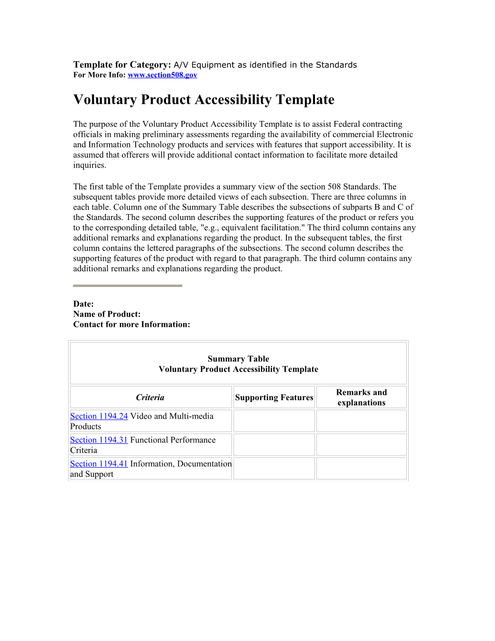 Template for Category: A/V Equipment As Identified in the Standards