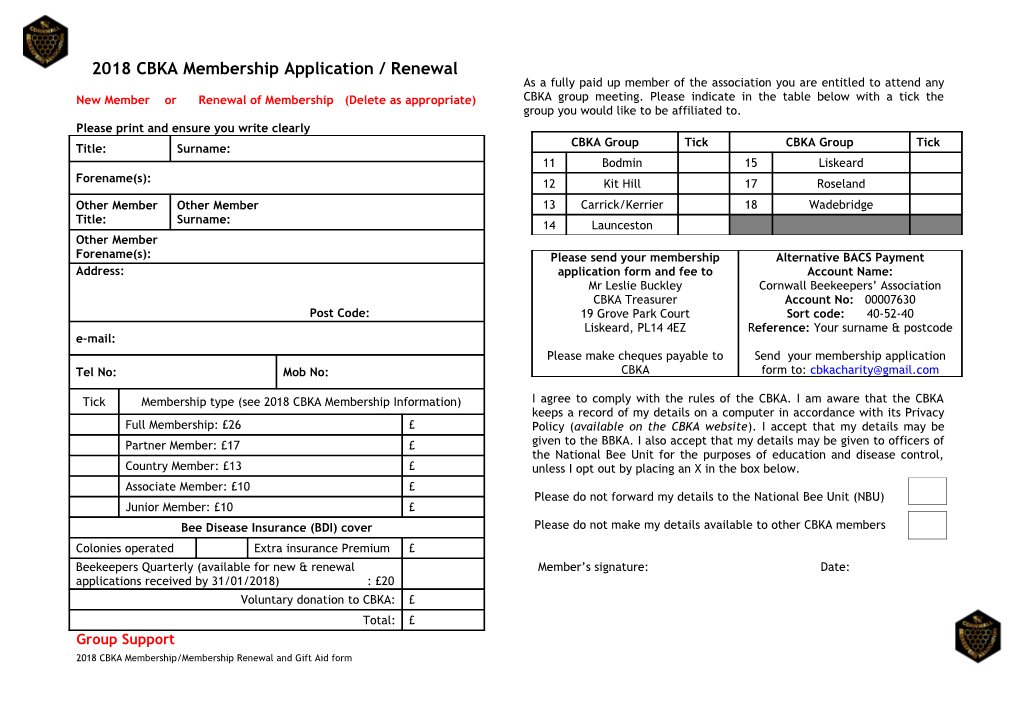 2016 CBKA Membership Application / Renewal