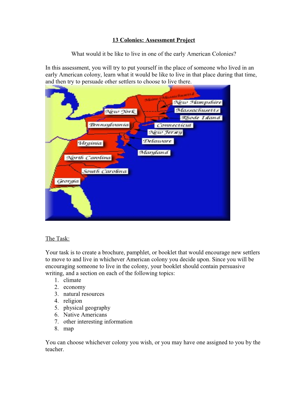 13 Colonies: Assessment Project