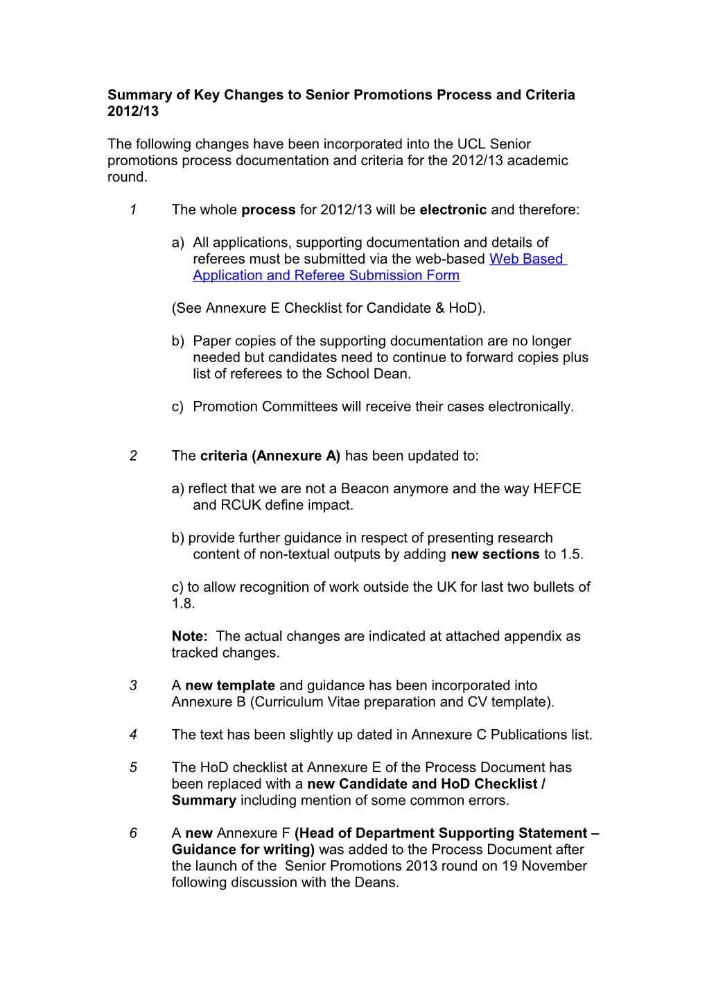 Key Changes to Senior Promotions Process and Criteria 2012/13