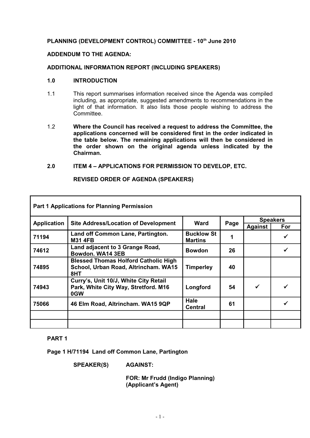 PDC Agenda Item 7 - Additional Information Report - 10.06.10