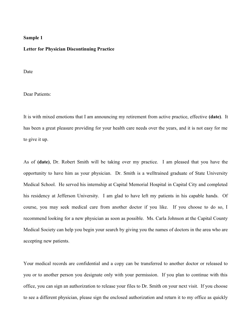 Letter for Physician Discontinuing Practice