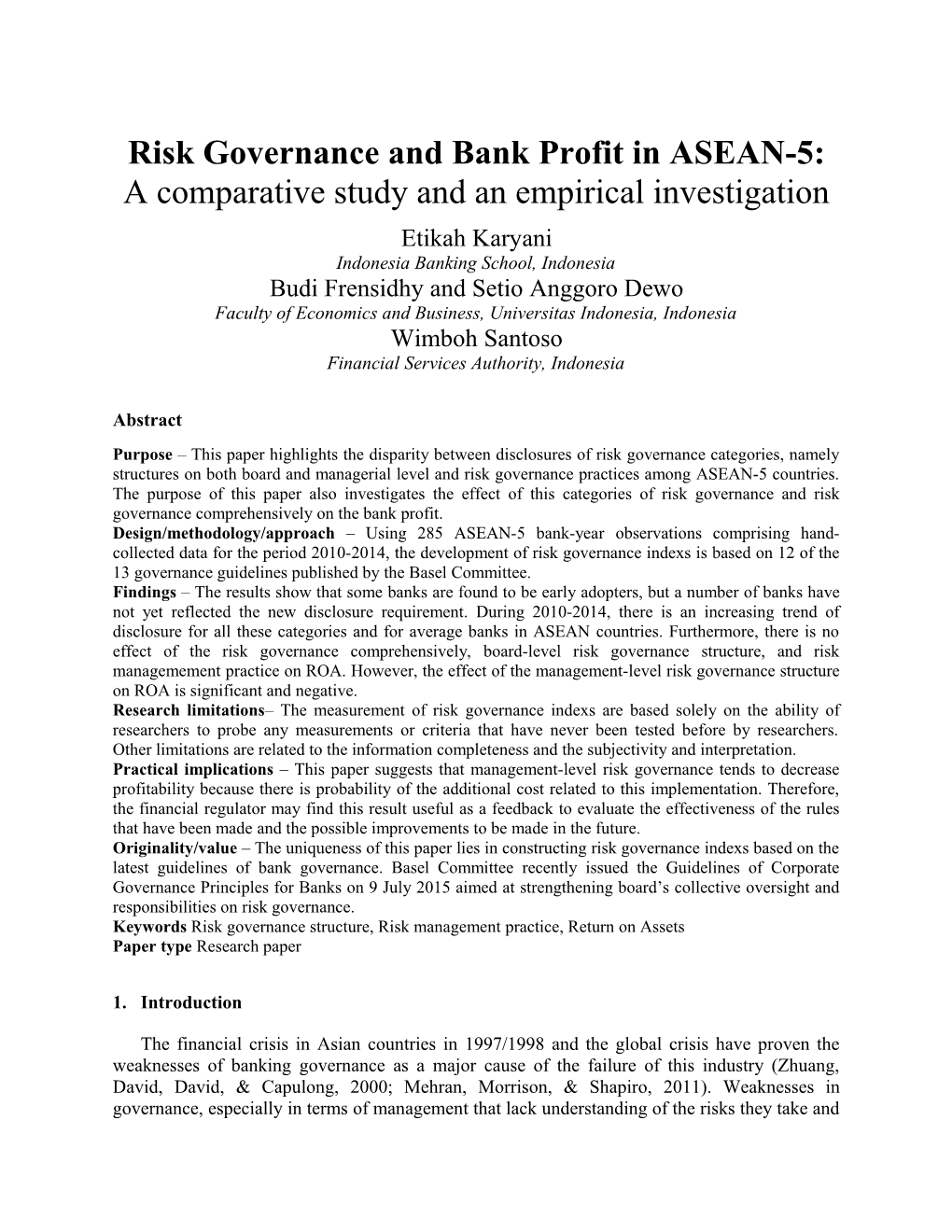 Risk Governance and Bank Profit in ASEAN-5