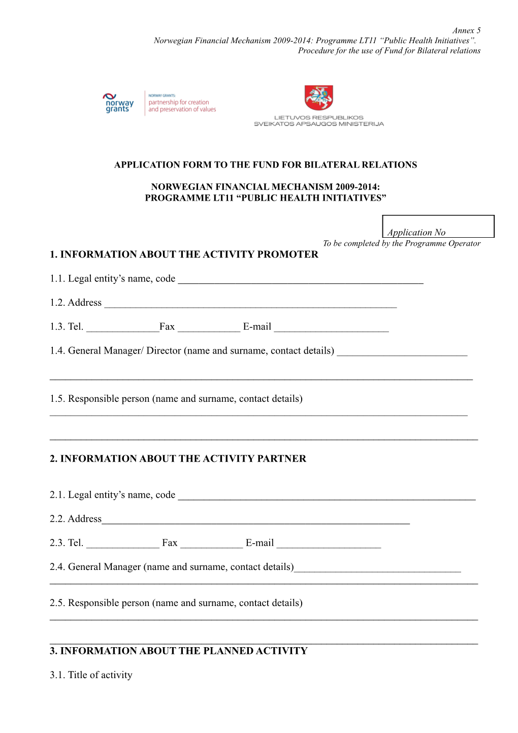 Application Form to the Fund for Bilateral Relations