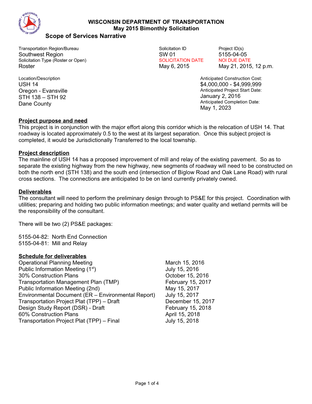 Wisdot Transportation DTSD Southwest Region May 2015 Solicitation SW 01 May15 SW01