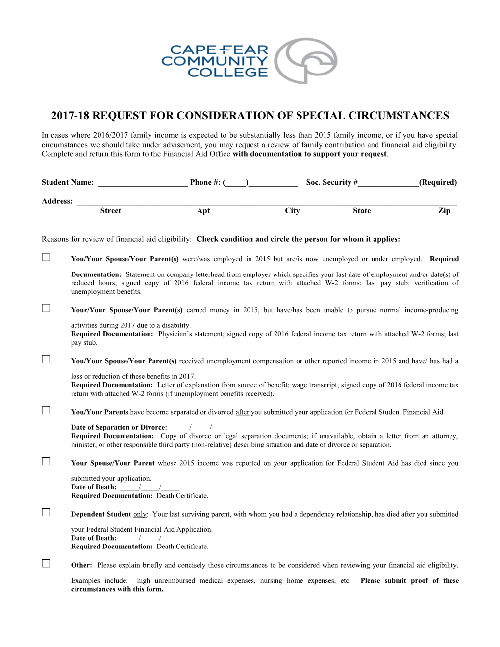 2017-18 Request for Consideration of Special Circumstances