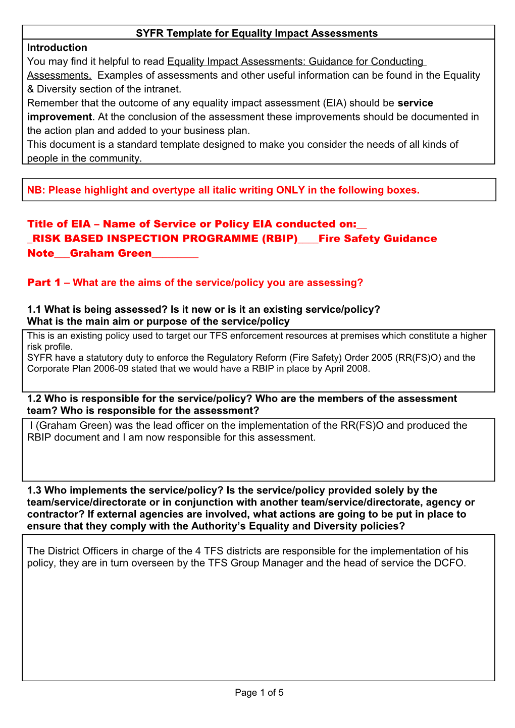 SYFR Template for Equality Impact Assessments