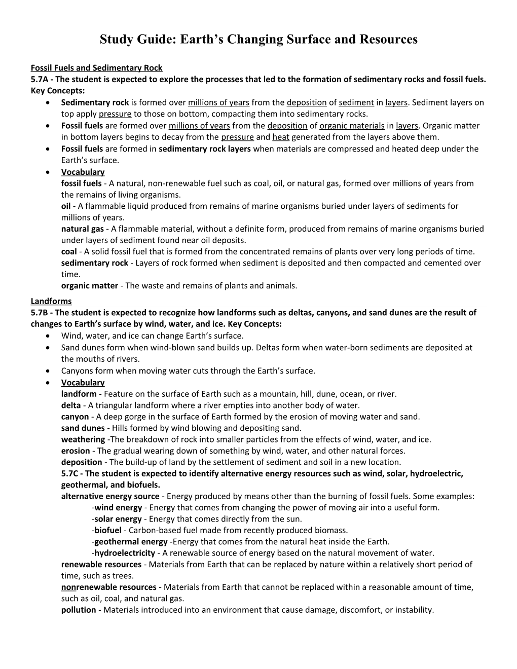 Study Guide: Earth S Changing Surface and Resources