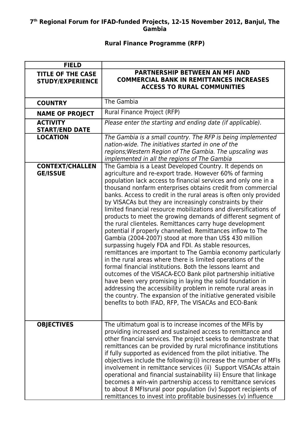 7Th Regional Forum for IFAD-Funded Projects, 12-15 November 2012, Banjul, the Gambia