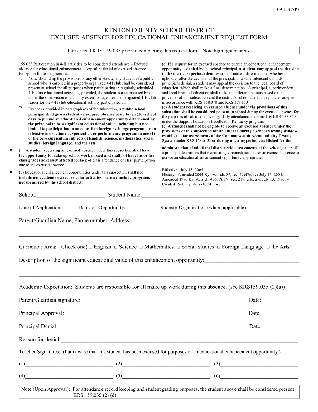 Excused Absence for Educational Enhancement Request Form